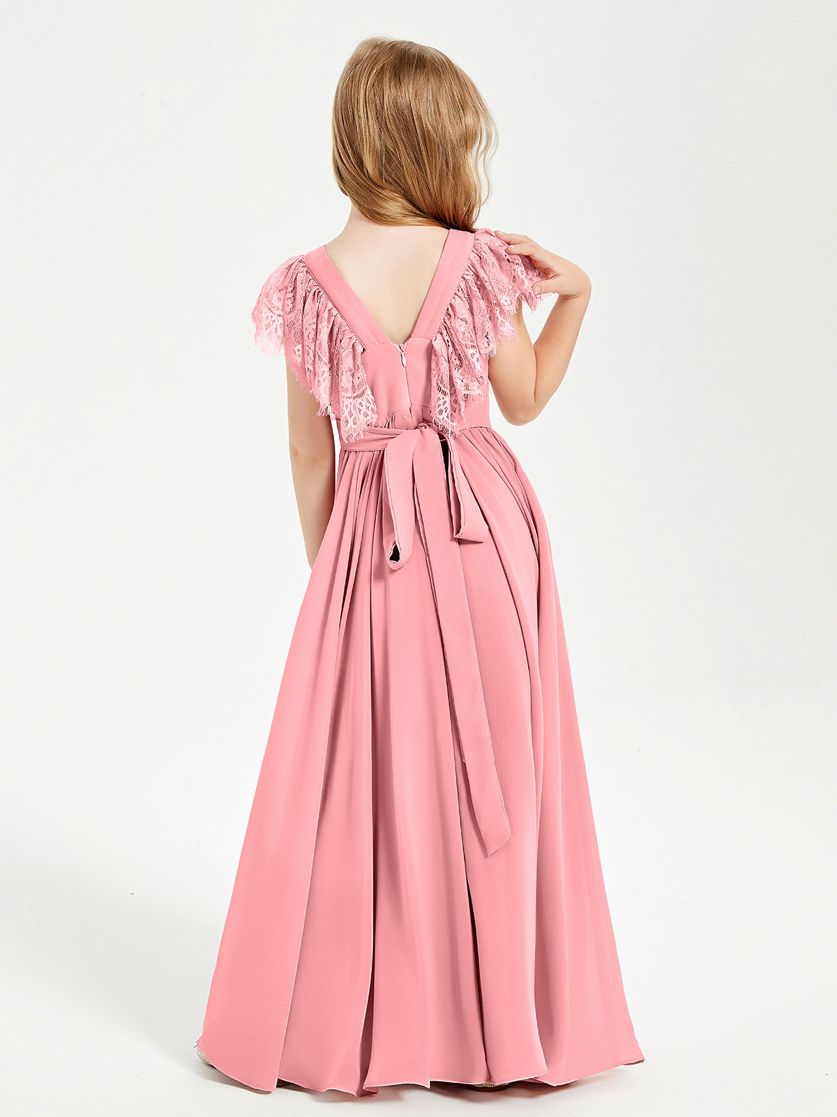 Chiffon Junior Bridesmaid Dresses with Lace Flutter Sleeves Flamingo